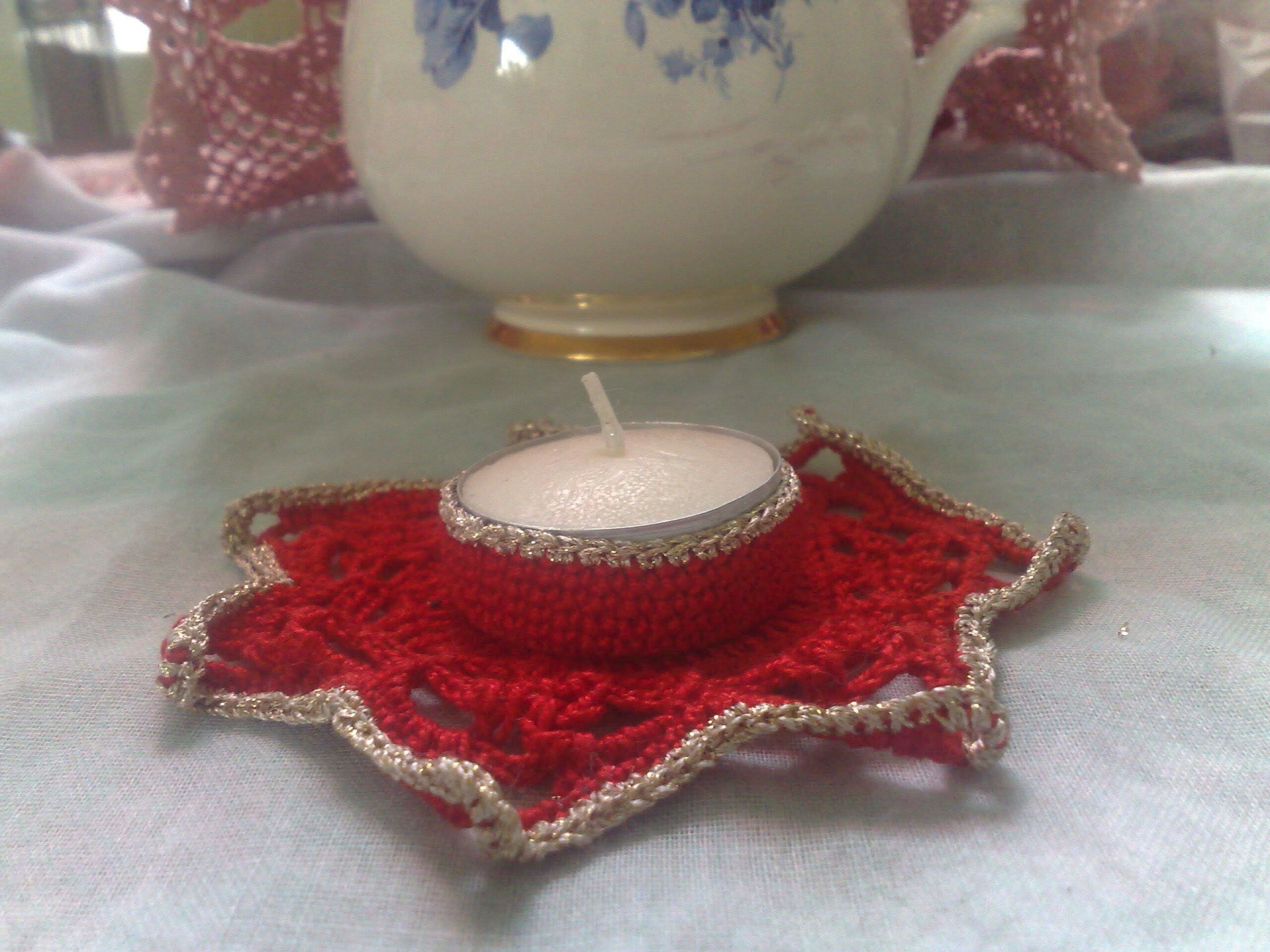 Teelichthalter Weihnachten - gehäkelter Teelichthalter rot und gold – Bild 4