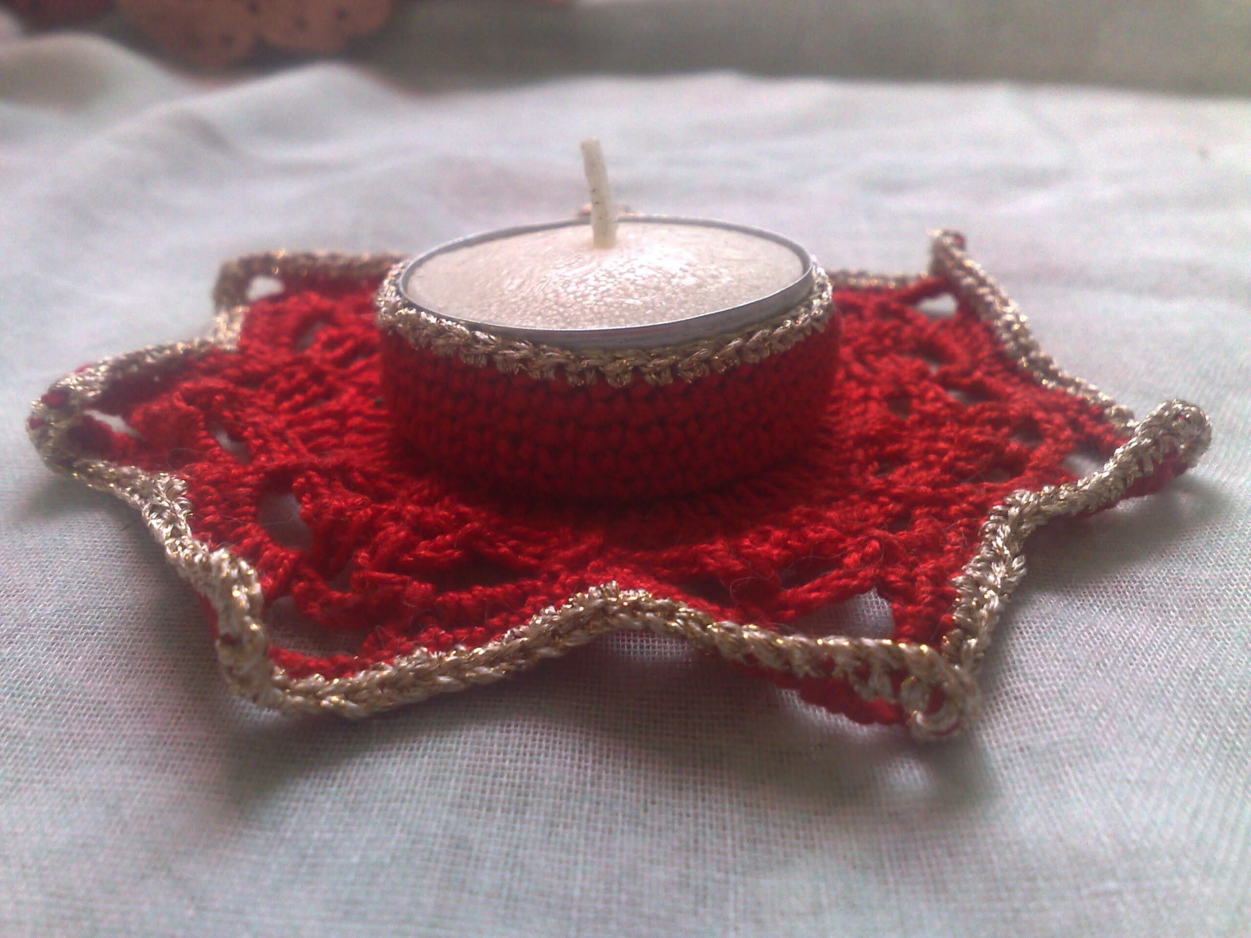 Teelichthalter Weihnachten - gehäkelter Teelichthalter rot und gold – Bild 2